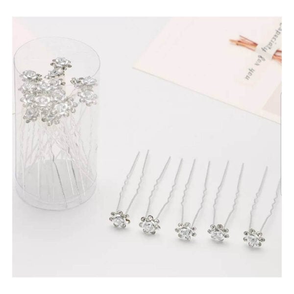 Νυφικό Τσιμπιδάκι- Φουρκέτα λευκό μεταλλικό Λουλούδι  με στρας - Image 2