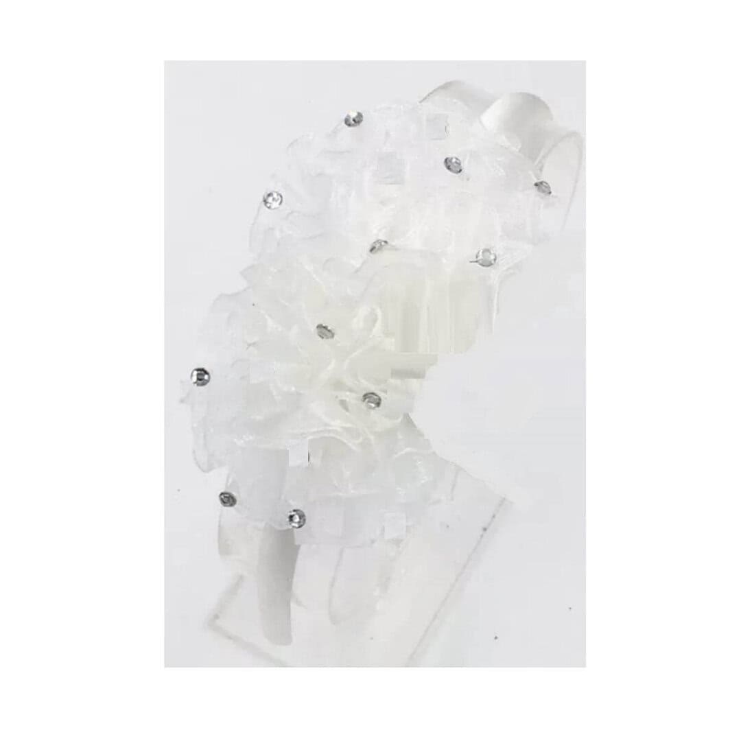 white-headband-girl-baptism-wedding Βρεφική- Παιδική Στέκα Λευκή του πάγου με κρυσταλάκια και τούλι για βάφτιση και παρανυφάκια - Image 1
