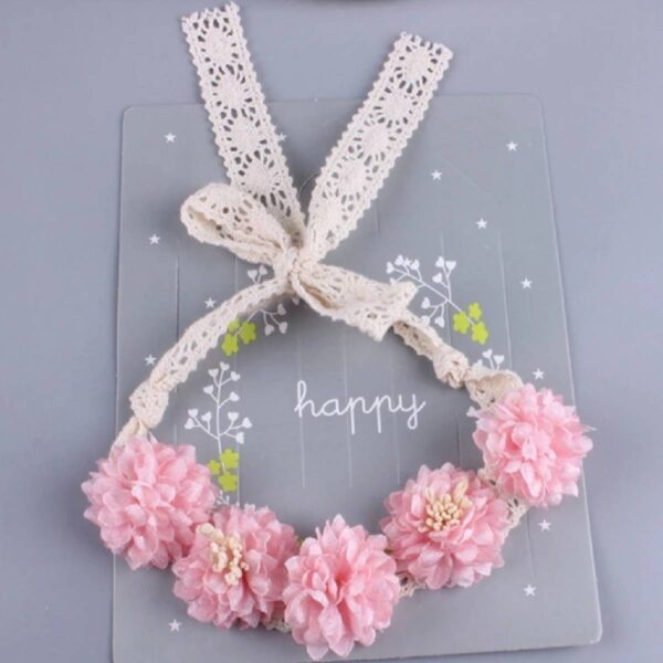 Παιδικό-βρεφικό Ροζ στεφάνι-κορδέλα λουλουδιών με δαντέλα για βάφτιση και παρανυφάκι - Image 2