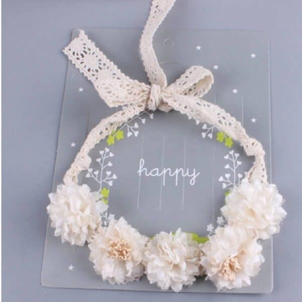 Παιδικό-βρεφικό λευκό-ιβουάρ στεφάνι-κορδέλα λουλουδιών με δαντέλα για βάφτιση και παρανυφάκι - Image 2