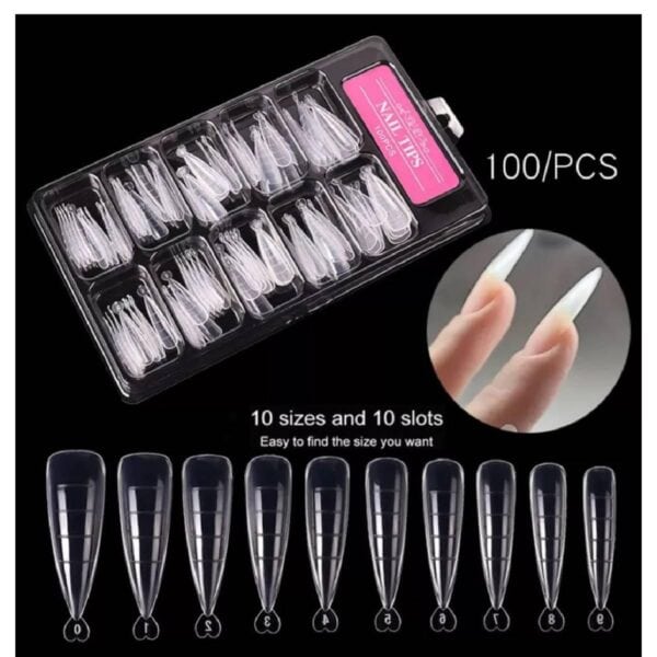Κασετίνα με ψεύτικα νύχια  dual Forms 100 τμχ Διάφανα σχήμα Stiletto + μανταλάκι στήριξης - Image 5