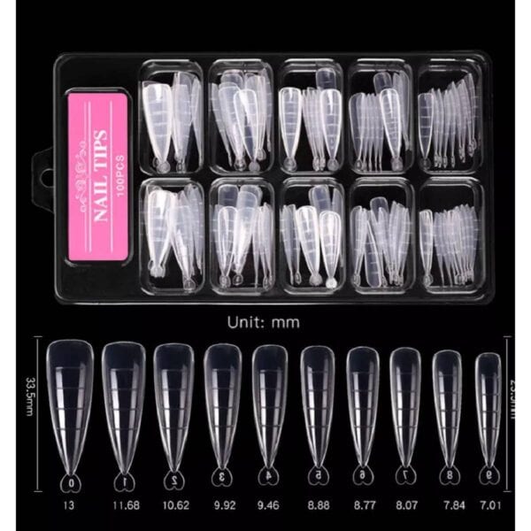 Κασετίνα με ψεύτικα νύχια  dual Forms 100 τμχ Διάφανα σχήμα Stiletto + μανταλάκι στήριξης - Image 6
