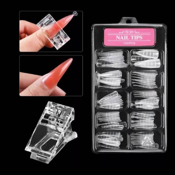 Κασετίνα με ψεύτικα νύχια  dual Forms 100 τμχ Διάφανα σχήμα Stiletto + μανταλάκι στήριξης - Image 2