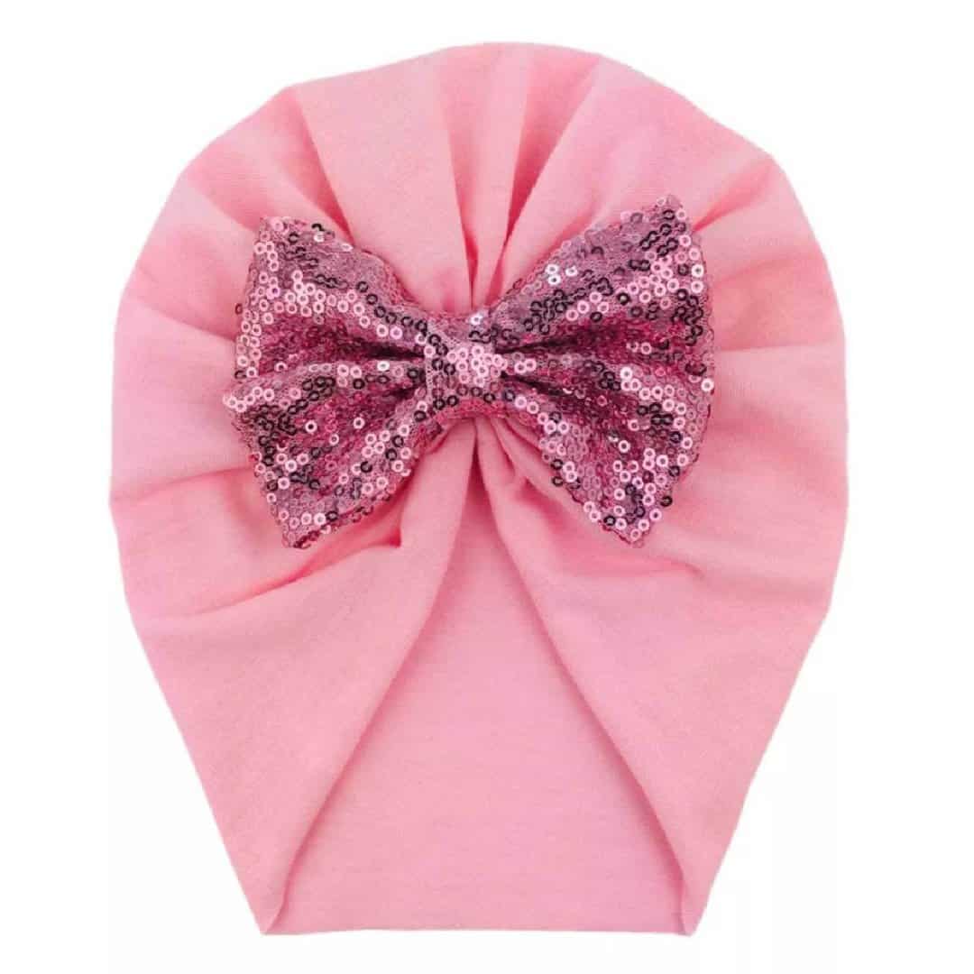 TURBAN-BABY-BOW Παιδικό- Βρεφικό Μαλακό ελαστικό τουρμπάνι μαλλιών φιόγκο με πούλιες 0-4χρονών -Pink - Image 1