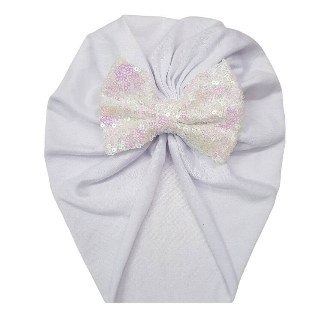 TURBAN-BABY-BOW Παιδικό- Βρεφικό Μαλακό ελαστικό τουρμπάνι μαλλιών φιόγκο με πούλιες 0-5 χρονών - White - Image 1