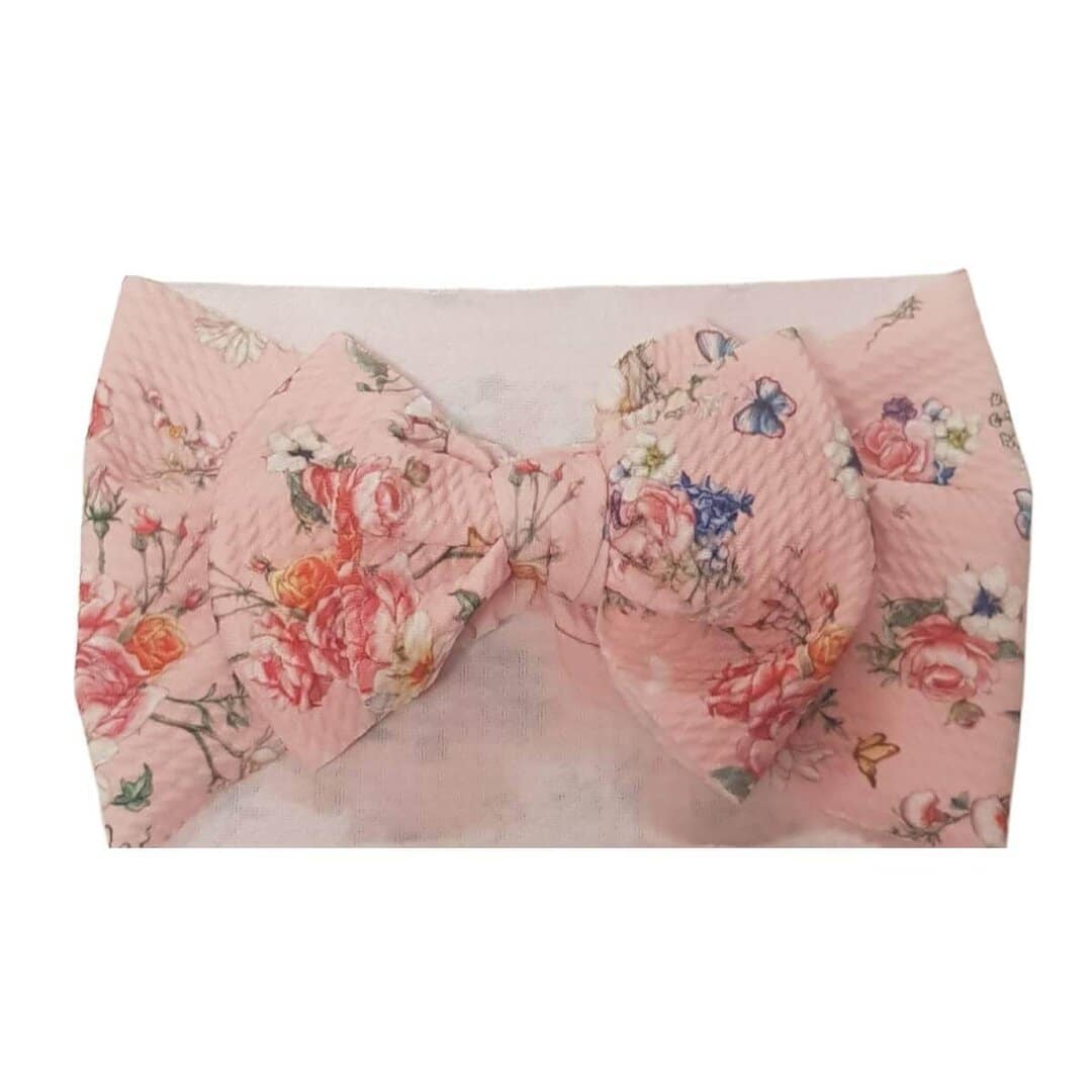 HEADBAND-BOW-GIRL-HAIR Παιδική- Βρεφική Μαλακή κορδέλα μαλλιών με μεγάλο φιόγκο 5 μηνών-7χρονών waffle- Pink Flowers - Image 1