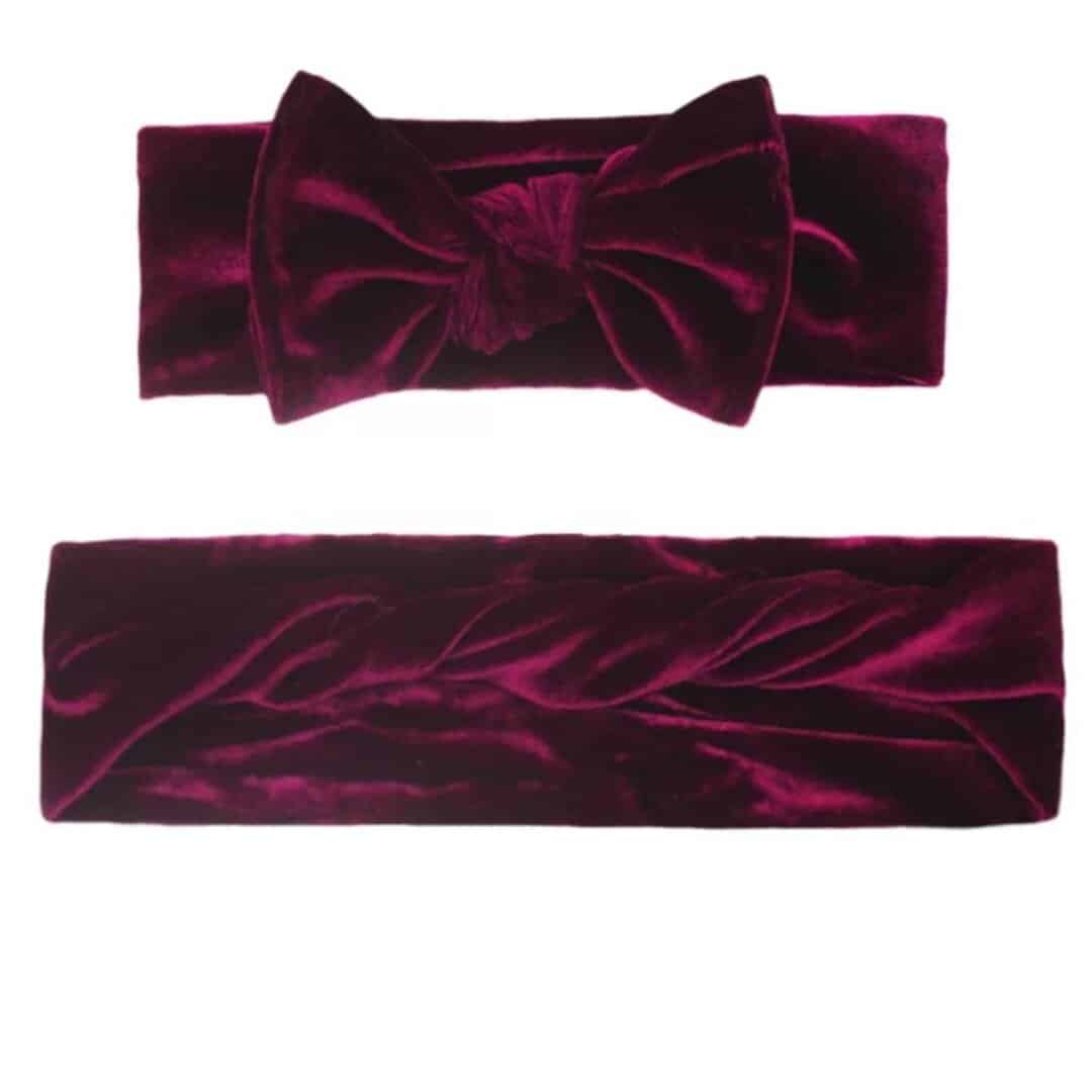 velvet-set-mother-daughter. Σετ Μαμά- Κόρη Βελούδινη Μαλακή κορδέλα μαλλιών 0-2 χρονών - Wine Red - Image 1