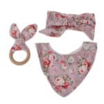 Σετ 3 τμχ Παιδική- Βρεφική Μαλακή κορδέλα μαλλιών με  φιόγκο + σαλιάρα Ροζ Floral + Teether
