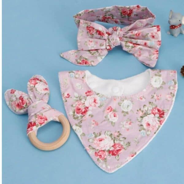 Σετ 3 τμχ Παιδική- Βρεφική Μαλακή κορδέλα μαλλιών με  φιόγκο + σαλιάρα Ροζ Floral + Teether - Image 2
