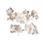 Νυφικό Σετ χτενάκι λουλουδιών σε χρυσό χρώμα 25cm + 2 κλιπ για παρανυφάκια 12cm με αποξηραμένα λουλουδάκια