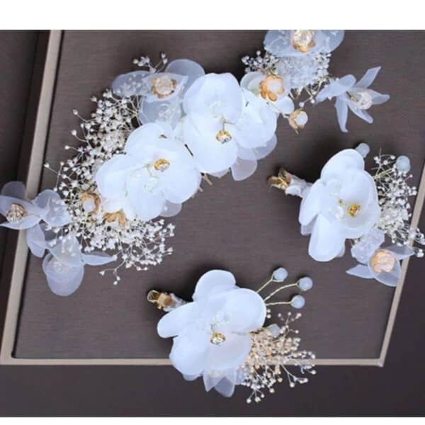 Νυφικό Σετ χτενάκι λουλουδιών σε χρυσό χρώμα 25cm + 2 κλιπ για παρανυφάκια 12cm με αποξηραμένα λουλουδάκια - Image 2