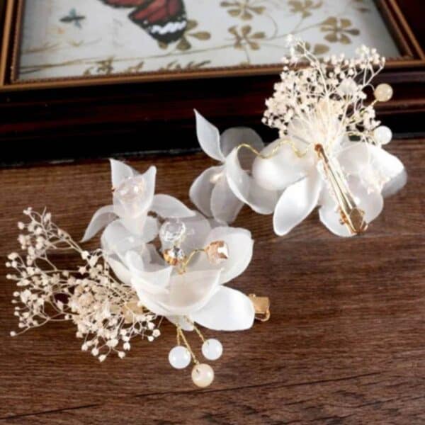 Νυφικό Σετ χτενάκι λουλουδιών σε χρυσό χρώμα 25cm + 2 κλιπ για παρανυφάκια 12cm με αποξηραμένα λουλουδάκια - Image 3