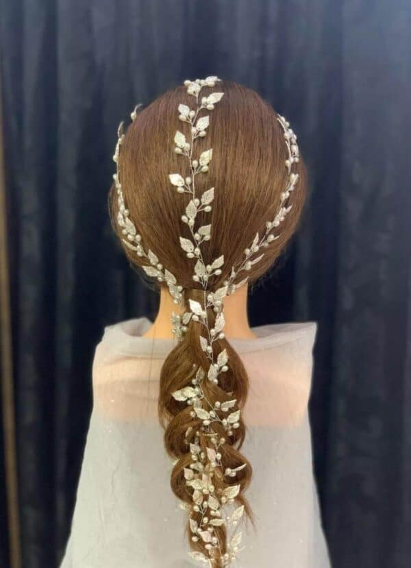 Νυφικό '' σύρμα '' με φύλλα και πέρλες αρχαιοελληνικό design σε ασημί χρώμα 60cm - Image 3