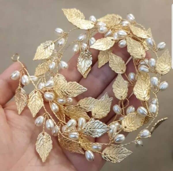 Νυφικό '' σύρμα '' με φύλλα και πέρλες αρχαιοελληνικό design σε χρυσό χρώμα 60cm - Image 4