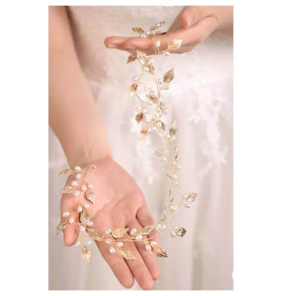 Νυφικό '' σύρμα '' με φύλλα και πέρλες αρχαιοελληνικό design σε χρυσό χρώμα 60cm - Image 2