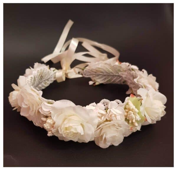 Στεφάνι λουλουδιών Λευκό-ιβουάρ για βάφτιση , παρανυφάκι, νύφη - Image 2