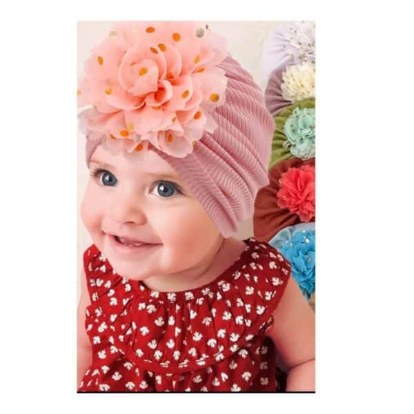 Παιδικό- Βρεφικό Μαλακό ελαστικό τουρμπάνι μαλλιών με Λουλούδι 3 μηνών -5χρονών - Dusty Pink - Image 2