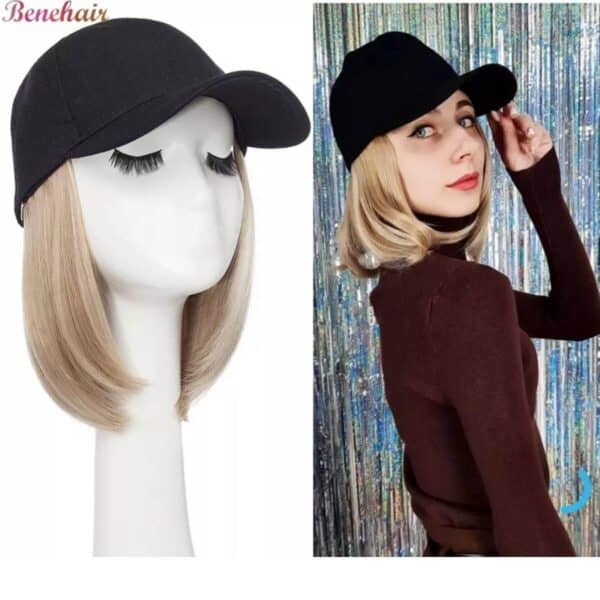 Γυναικείο μαύρο καπέλο με ραμμένα μαλλιά στο κάτω μέρος- Ξανθό χρώμα - Image 4