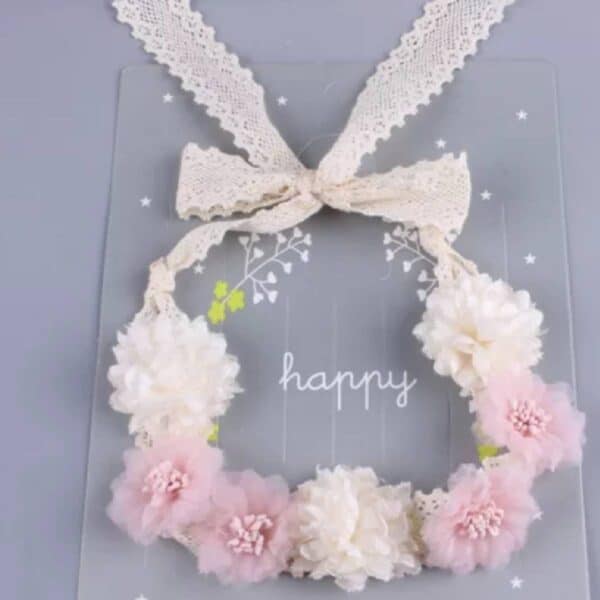 Παιδικό-βρεφικό Ροζ-ιβουάρ στεφάνι-κορδέλα λουλουδιών με δαντέλα για βάφτιση και παρανυφάκι - Image 2