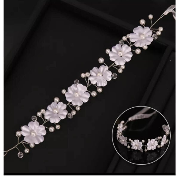 Νυφική Κορδέλα- Στεφάνι με πέρλες και Λευκά λουλουδάκια silver λευκή κορδέλα - Image 3