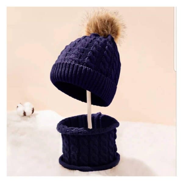 Σετ Πλεκτό μάλλινο σκουφάκι με φούντα + κασκόλ για ηλικία 0-10 χρονών Νavy Blue - Image 2