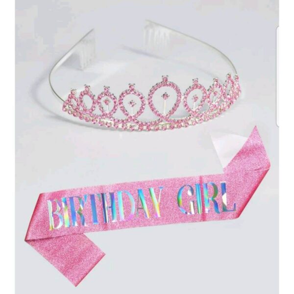 Σετ Μεταλλική Κορώνα Πάρτυ Γενεθλίων  με κρυσταλλάκια  και κορδέλα Birthday Girl Pink - Image 2