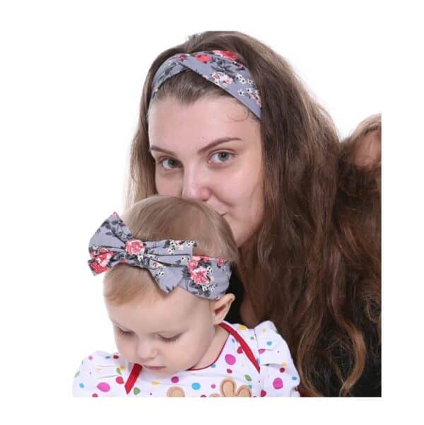 Σετ Μαμά- Κόρη  Μαλακή  κορδέλα μαλλιών Grey Flowers 0-3 χρονών - Image 2