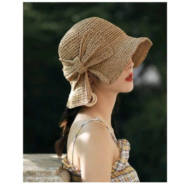 Γυναικείο ψάθινο μαλακό Καπέλο με μάκρος και φιόγκο- Beige - Image 2