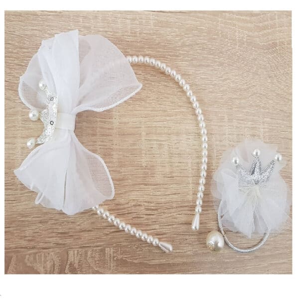Κούτι Σετ Στέκα Παιδική με τούλι και λαστιχάκι κορώνα  Βάφτισης- παρανυφάκι White 02 - Image 2
