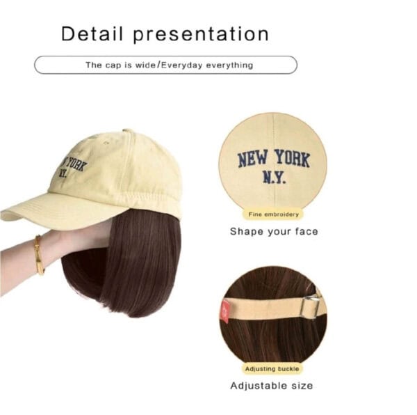 Γυναικείο Μπεζ καπέλο με ενσωματωμένα  μαλλιά  (Ποστίς) σε Καστανό σκούρο χρώμα - Image 4