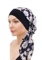 Γυναικείο  Μαλακό Τουρμπάνι  μαλλιών - Black white flowers long (Μαύρο)