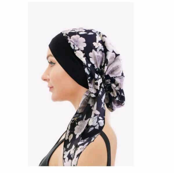 Γυναικείο  Μαλακό Τουρμπάνι  μαλλιών - Black white flowers long (Μαύρο) - Image 2