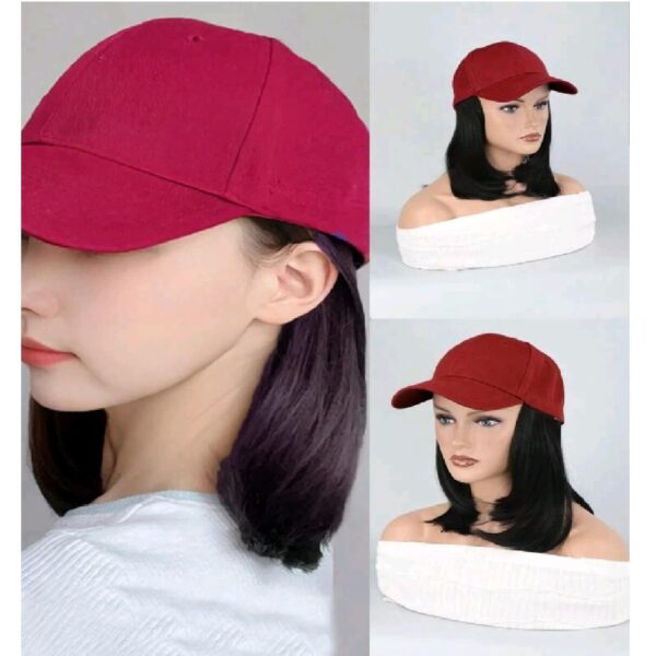 Γυναικείο κόκκινο καπέλο με ραμμένα μαλλιά στο κάτω μέρος- Μαύρο χρώμα - Image 4