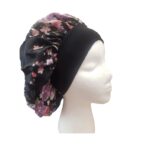 Γυναικείο  Μαλακό Τουρμπάνι ύπνου Bonnet  μαλλιών - Black flowers (Μαύρο)
