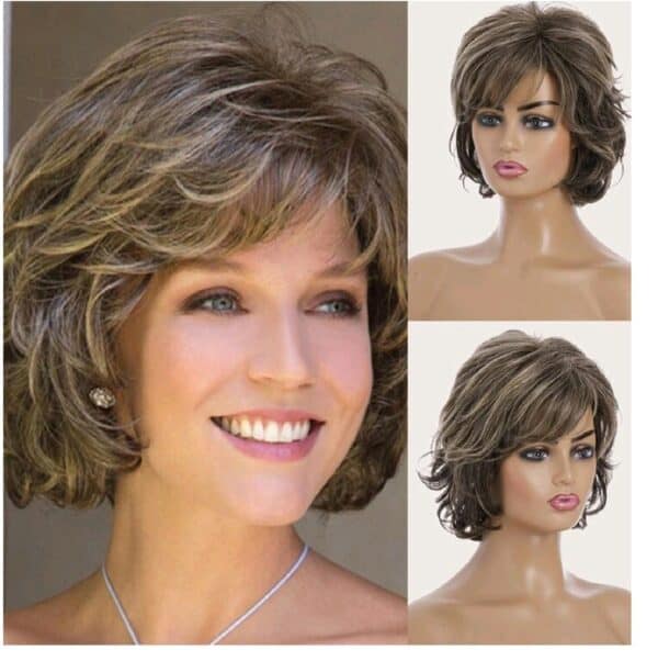 Γυναικεία περούκα σε καστανό με ξανθές ανταύγειες χρώμα συνθετική υψηλής ποιότητας 10 inches - Image 2