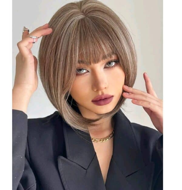 Γυναικεία περούκα καστανό με ανταύγειες χρώμα συνθετική υψηλής ποιότητας 12 inches - Image 3