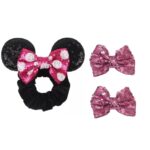Scrunchies-Κοκαλάκι λάστιχο μαλλιών Disney Minnie φιόγκος πούλια Pink + 2 τμχ clip strass
