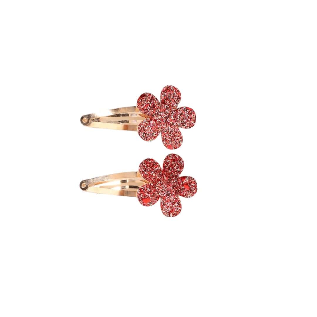 set-flower-clip-glitter Σετ 2 τμχ Clip -Κοκαλάκι μαλλιών λουλουδάκι glitter 7cm - Red - Image 1
