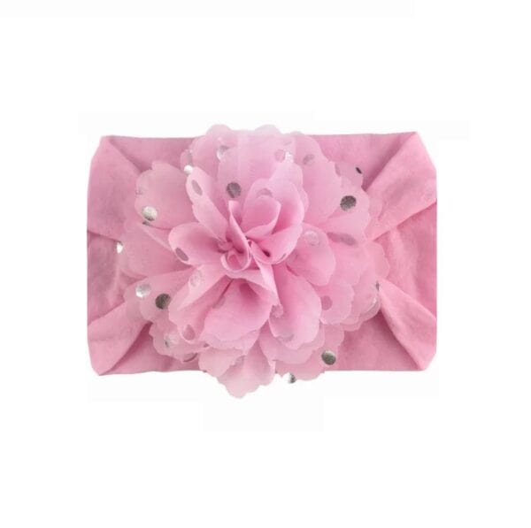 Παιδική- Βρεφική Μαλακή κορδέλα μαλλιών με μεγάλο λουλούδι 0-8 χρονών Light Pink Silver - Image 2