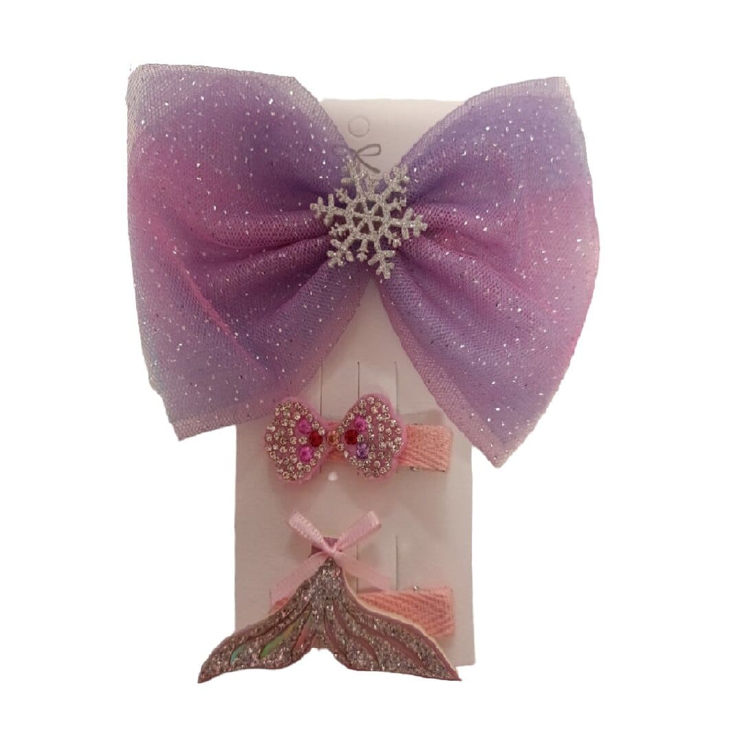 mermaid-purple-set-clip Σετ 3 τμχ Clip -Κοκαλάκι μαλλιών Bow Purple Mermaid μεγάλος φιόγκος - Image 1