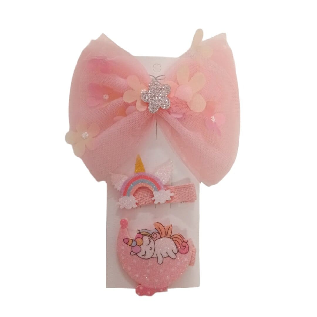 pink-unicorn-rainbow-clip Σετ 3 τμχ Clip -Κοκαλάκι μαλλιών Bow Unicorn μεγάλος φιόγκος - Image 1