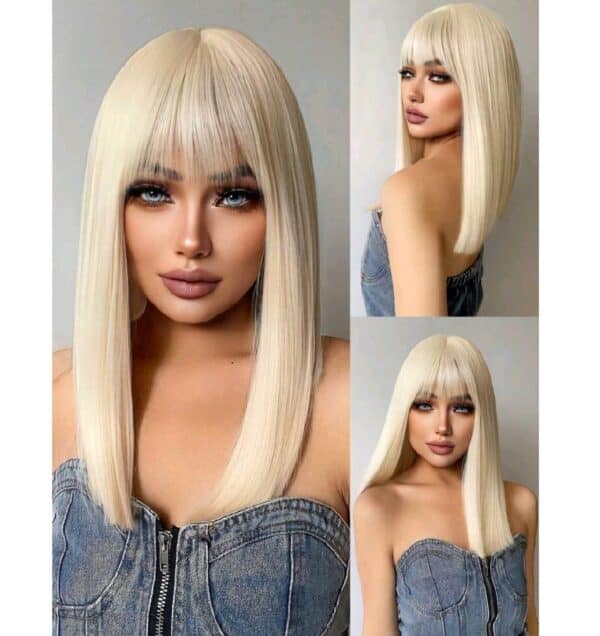 Γυναικεία περούκα σε ξανθό πλατινέ χρώμα  συνθετική υψηλής ποιότητας με αφέλειες 18 inches - Image 2