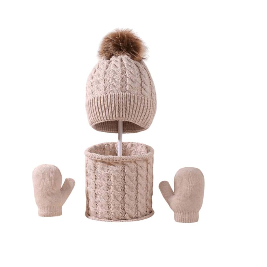 BEIGE-WOOL-HAT-GLOVES-SETG Σετ Πλεκτό μάλλινο σκουφάκι με φούντα + κασκόλ+γάντια για ηλικία 0-10 χρονών Beige - Image 1