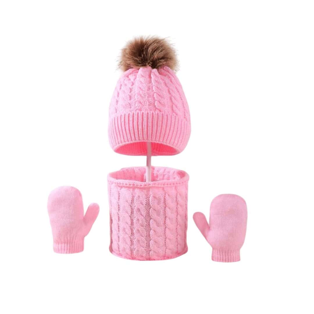 PINK-WOOL-SET-HAT-GLOVES Σετ Πλεκτό μάλλινο σκουφάκι με φούντα + κασκόλ+γάντια για ηλικία 0-10 χρονών Pink - Image 1