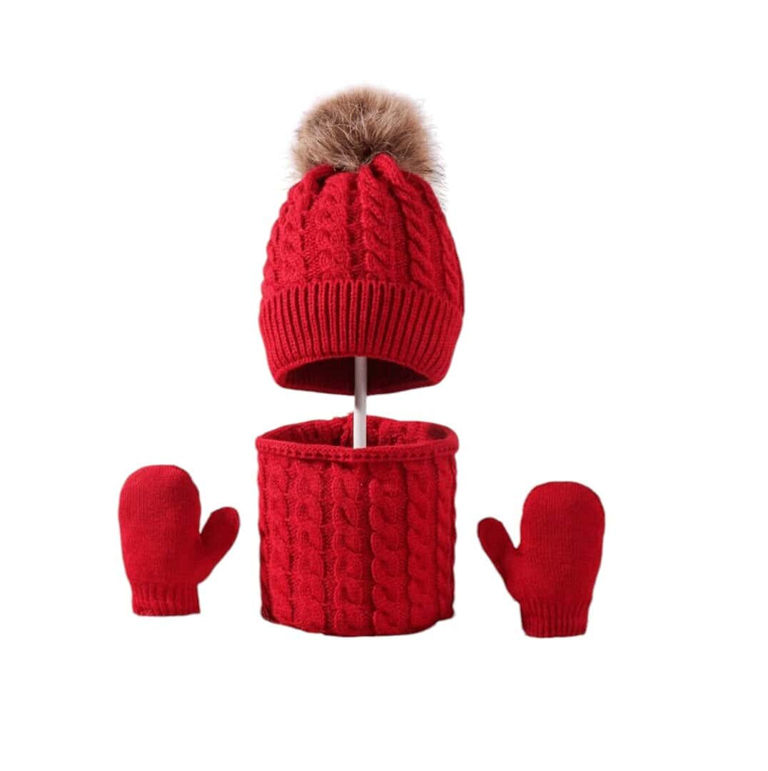 RED-WOOL-HAT-GLOVES-SET Σετ Πλεκτό μάλλινο σκουφάκι με φούντα + κασκόλ+γάντια για ηλικία 0-10 χρονών Red - Image 1