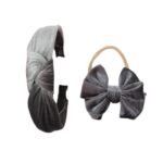 Σετ Μαμά-Κόρη Βελούδινη Γυναικεία Στέκα με βρεφική-παιδική κορδέλα 0-8 χρονών - Silver Grey