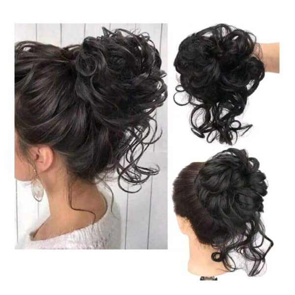 Κότσος μαλλιών με λάστιχο και αφέλειες συνθετική τρίχα υψηλής ποιότητας - Μαύρο χρώμα - Image 2