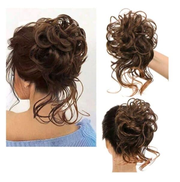 Ποστίς Κότσος με λάστιχο  και αφέλειες συνθετική τρίχα υψηλής ποιότητας - Καστανό με αφέλειες - Image 2