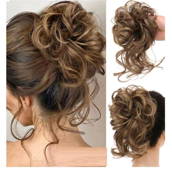 Ποστίς Κότσος με λάστιχο και αφέλειες συνθετική τρίχα υψηλής ποιότητας - Καστανό με ανταύγιες και με αφέλειες - Image 2