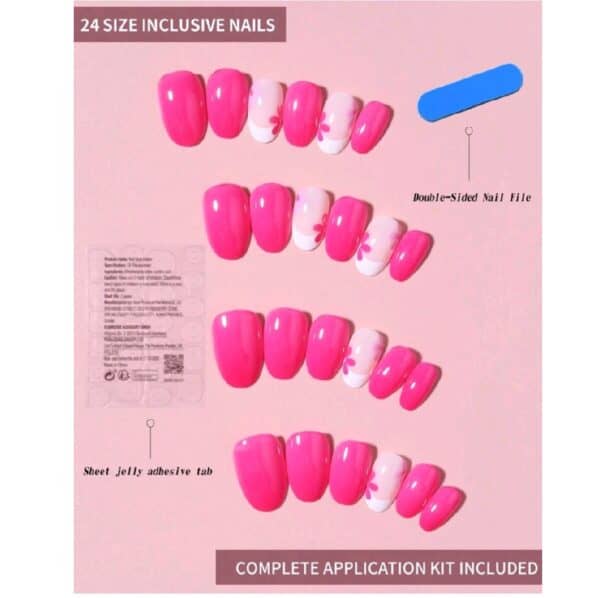 Press-on Nails Ψεύτικα νύχια σετ nail art 24 Τμχ  + 1 κόλλα- Fucshia Flowers - Image 3